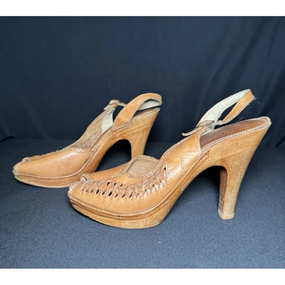 VTG 1970s Rapallo Leather Slingback Wooden Platforms Woodstock Brazil Womens 7